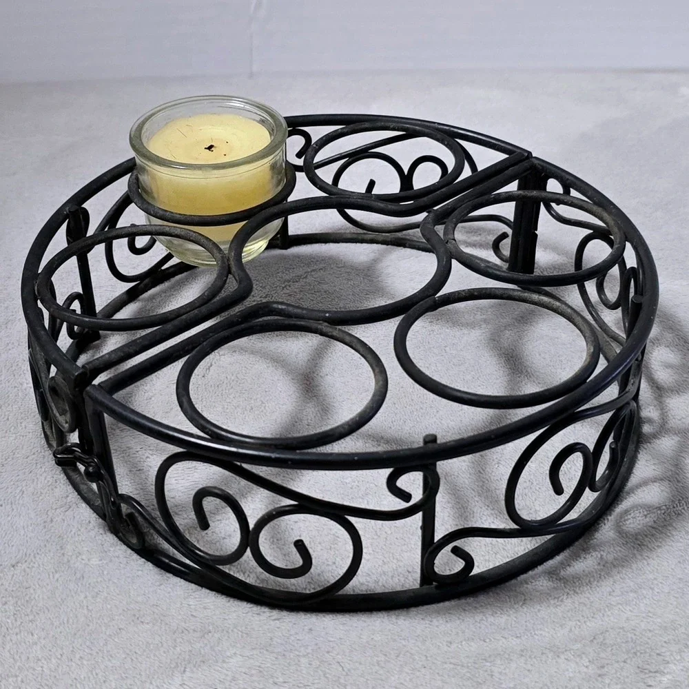 Vintage Black Metal 7-Candle Holder Folding Scrollwork Centerpiece